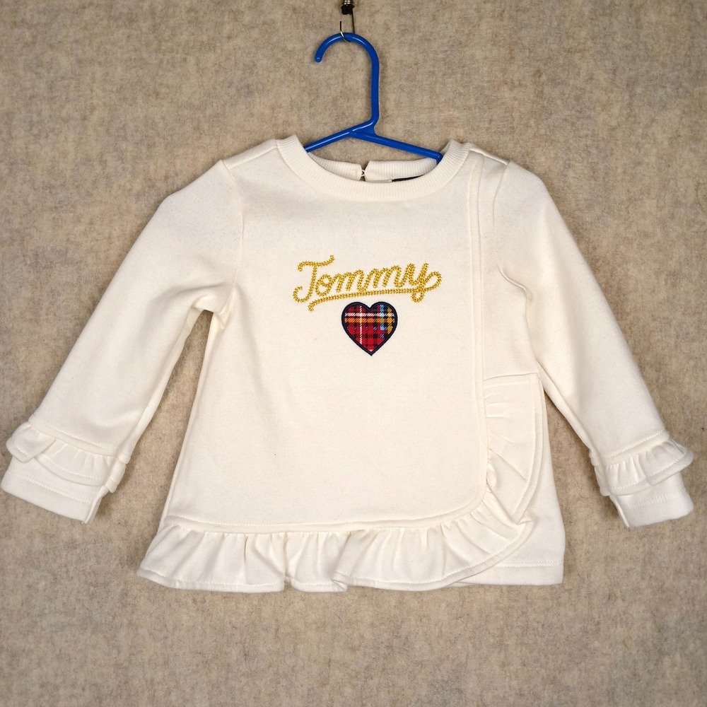 Tommy Hilfiger Baby Girl White Ruffle Bottom Crewneck Plaid Heart 18 months